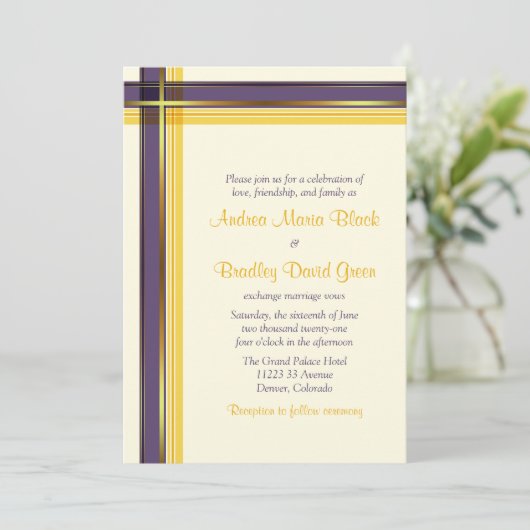 Lila Goldene Karierte Hochzeit Einladung (Stehend Vorderseite)