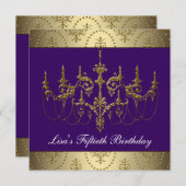 Lila goldene Kronleuchter Frauen 50. Geburtstag Einladung (Vorne/Hinten)