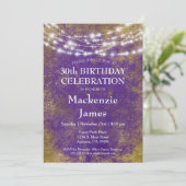 Lila goldene Lichter Geburtstagsparty Einladung Er (Stehend Vorderseite)