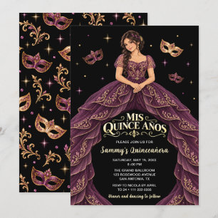 Lila-goldene Maskenball-Quinceañera Einladung