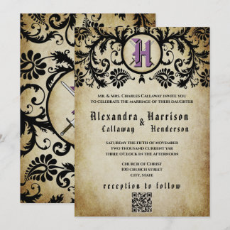 Lila & Goldene Mittelalterliche Hochzeit im Damast Einladung