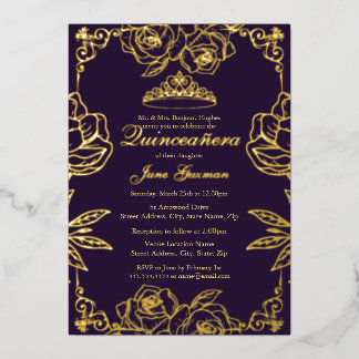 Lila Goldene Rosengarten Quinceanera Folieneinladung