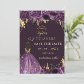 Lila Goldene Tan Princess Floral Quinceñera Save The Date (Stehend Vorderseite)