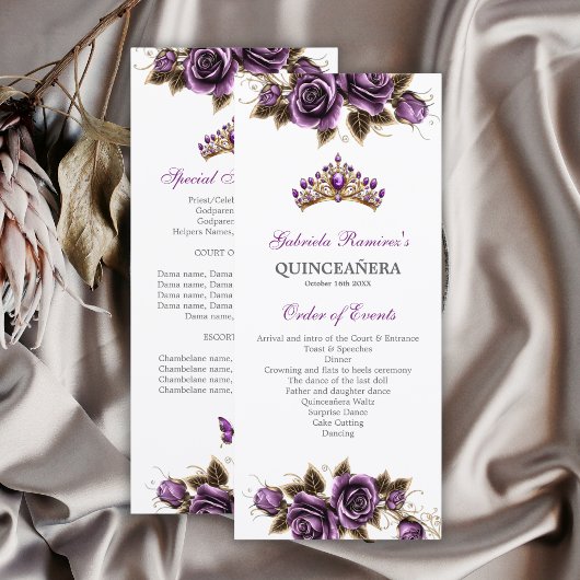 Lila goldene Tiara Blumen Quinceañera Programm