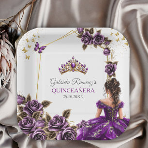 Lila goldene Tiara Rosen Quinceañera Pappteller