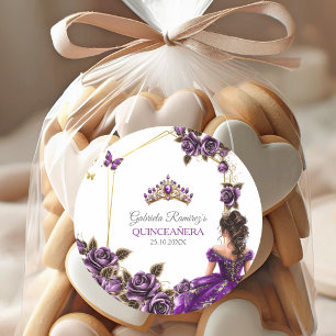 Lila goldene Tiara Rosen Quinceañera Runder Aufkleber