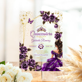 Lila goldene Tiara Rosen Schmetterling Quinceañera Acryleinladungen