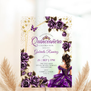 Lila goldene Tiara Rosen Schmetterling Quinceañera Acryleinladungen