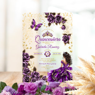 Lila goldene Tiara-Rosen-Schmetterling-Quinceañera Acryleinladungen