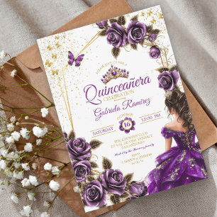 Lila goldene Tiara-Rosen-Schmetterling-Quinceañera Einladung