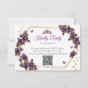 Lila goldene Tiara Rosen Schmetterling Quinceañera RSVP Karte