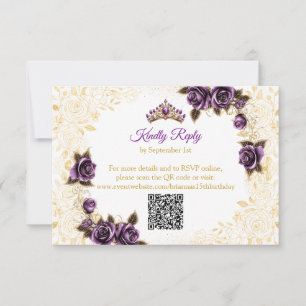 Lila goldene Tiara Rosen Schmetterlinge Quinceañer RSVP Karte