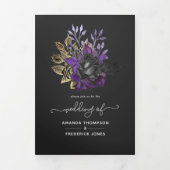 Lila, goldene und schwarze Shabby-Blumenhochzeit Dreifach Gefaltete Einladung (Cover)