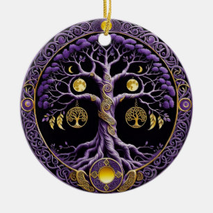 Lila-goldener Lebensbaum-Mandala Keramik Ornament