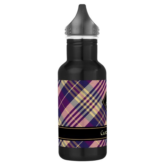 Lila, goldener und blauer Tartan Edelstahlflasche (Links)