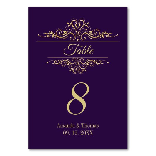 Lila, goldfarbener Hochzeitstisch Tischnummer (Vorderseite)