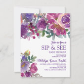 Lila goldfarbenes Blumensipp Kinderdusche Einladung (Vorderseite)