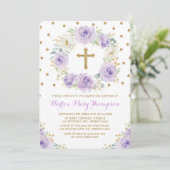 Lila Goldflora-Taufe Christening Einladung (Stehend Vorderseite)