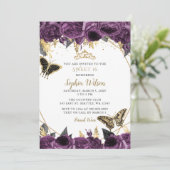 Lila Goldfloral-Schmetterling Sweet 16 Einladung (Stehend Vorderseite)