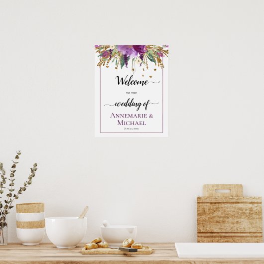 Lila Goldflorale Herzlich willkommen beim Hochzeit Poster (Küche)