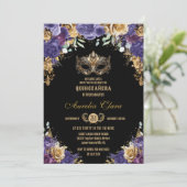 Lila Goldflorale Masquera Ball Quinceañera Einladung (Stehend Vorderseite)