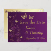 Lila, Goldflorale, Schmetterlinge Save the Date Ankündigungspostkarte (Vorne/Hinten)