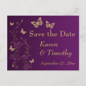 Lila, Goldflorale, Schmetterlinge Save the Date Ankündigungspostkarte (Vorderseite)