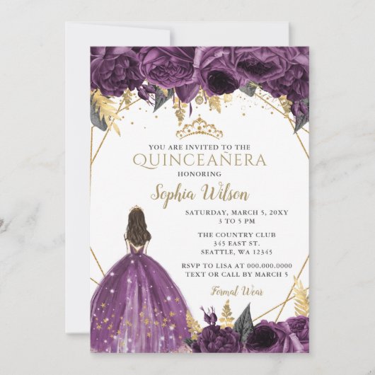 Lila Goldfloralprinzessin Quinceñera Einladung (Vorderseite)