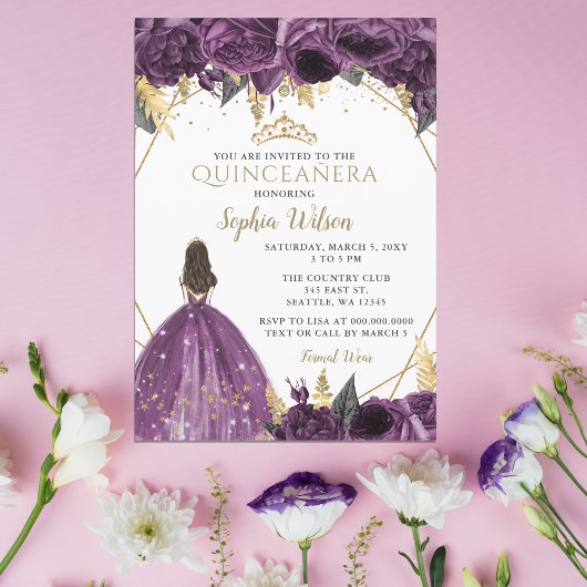 Lila Goldfloralprinzessin Quinceñera Einladung