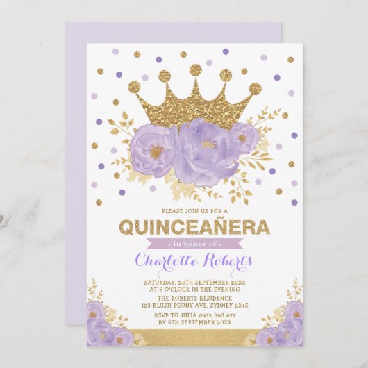 Lila Goldflorenkrone Confetti Quinceañera Einladung (Vorne/Hinten)