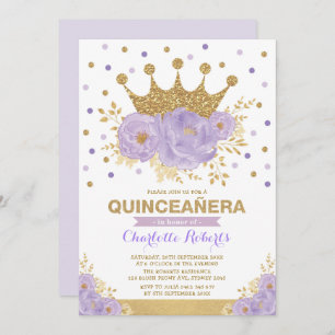 Lila Goldflorenkrone Confetti Quinceñera Einladung