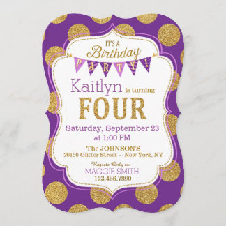 Lila GoldGlitzer-Schein-vierter Geburtstag laden Einladung