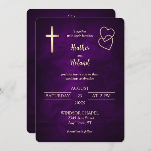 Lila Goldherzen Christliche Cross Wedding Einladung (Vorne/Hinten)
