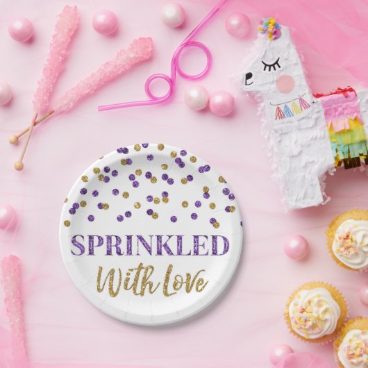 Lila Goldkonfetti mit Liebe gesprinkt Pappteller (Party)