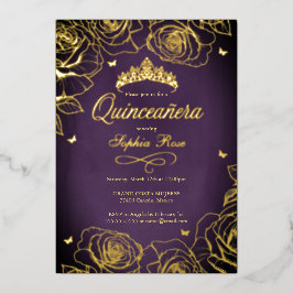 Lila Goldkrone Rose Thema Quinceanera Folieneinladung