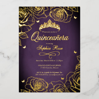 Lila Goldkrone Rose Thema Quinceanera Folieneinladung