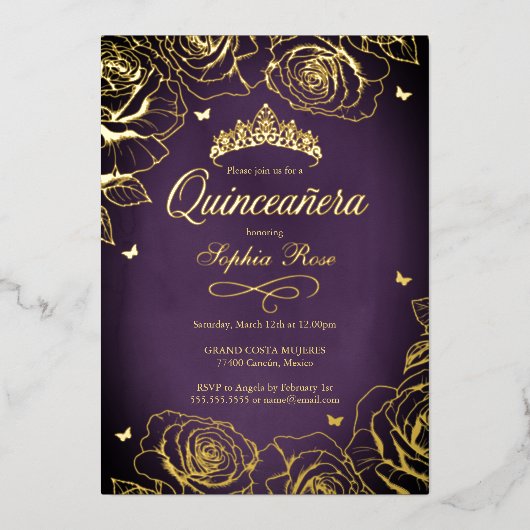 Lila Goldkrone Rose Thema Quinceanera Folieneinladung (Vorderseite)
