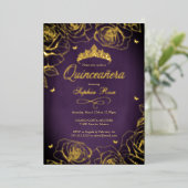 Lila Goldkrone Rose Thema Quinceanera Folieneinladung (Stehend vorne)