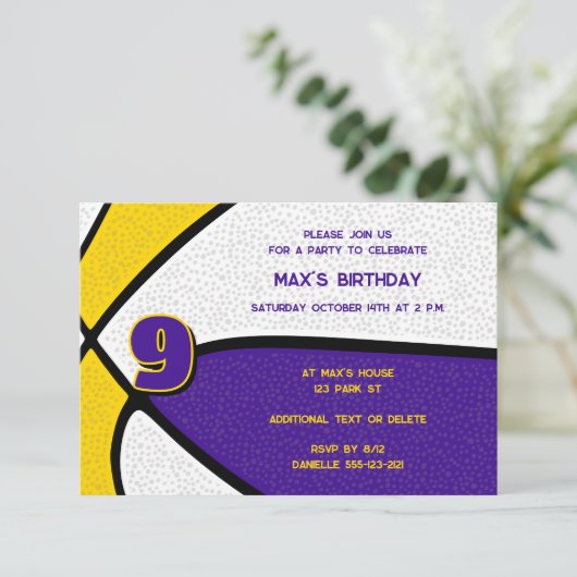 lila Goldmannschaften - Basketball-Geburtstag Einladung (Stehend Vorderseite)