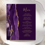 Lila Goldmedaille-Hochzeitmenü<br><div class="desc">Die links Seite dieses eleganten,  modernen Hochzeitsmenüs besticht durch eine lila Aquarellgrenze mit vergoldetem Imitat-Glitzer. Der anpassbare Text kombiniert goldfarbene Handschrift-Skript- und Copperplate-Schriftart auf einem Pflaumenhintergrund. Auf der Rückseite ist ein lila und goldenes Design zu sehen.</div>