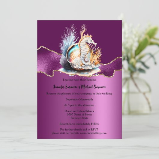 Lila Goldmeer Seepferd schimmert Muschelkorallenme Einladung (Stehend Vorderseite)