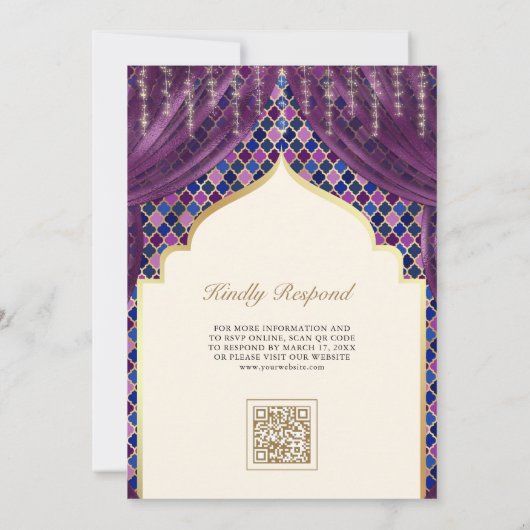 Lila Goldquatrefolie QR Code Sikh Hochzeit Einladung (Rückseite)