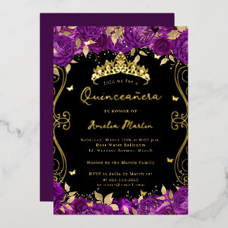 Lila Goldrausch Scroll Floral Quinceanera Folieneinladung
