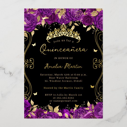 Lila Goldrausch Scroll Floral Quinceanera Folieneinladung (Vorderseite)