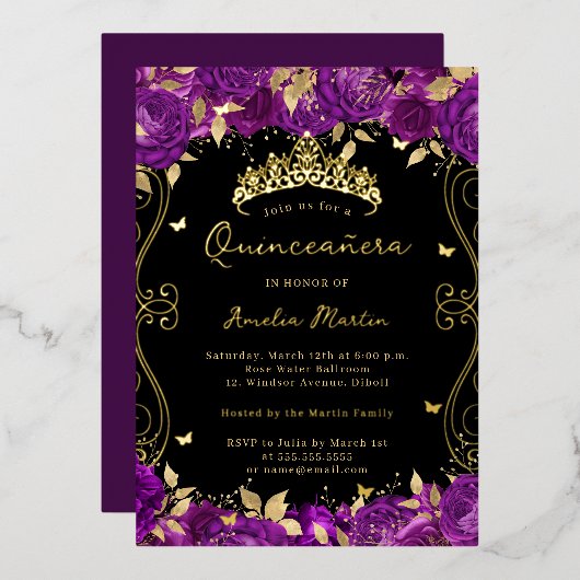 Lila Goldrausch Scroll Floral Quinceanera Folieneinladung (Vorderseite/Rückseite)
