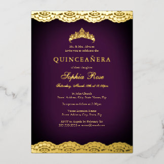Lila Goldrevier Tiara Quinceanera Fossilienfisch Folieneinladung