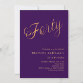 Lila Goldschrift 40. Geburtstag Einladung (Vorderseite)