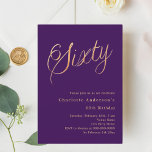 Lila Goldschrift 60. Geburtstag Einladung<br><div class="desc">Eine moderne,  stilvolle Einladung zu einer 60. Geburtstagsfeier. Ein lila Hintergrund und das Wort Sixty mit eleganten großen Schriftzeichen in Imitat Gold geschrieben. Personalisieren und fügen Sie einen Namen und Party-Details hinzu.</div>