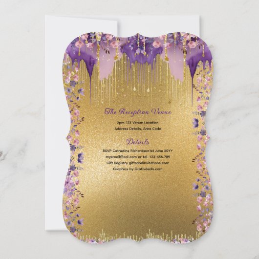 Lila Goldsparkle Quinceanera Rose Einladung (Rückseite)