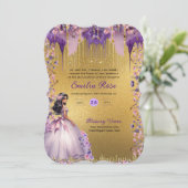 Lila Goldsparkle Quinceanera Rose Einladung (Stehend Vorderseite)